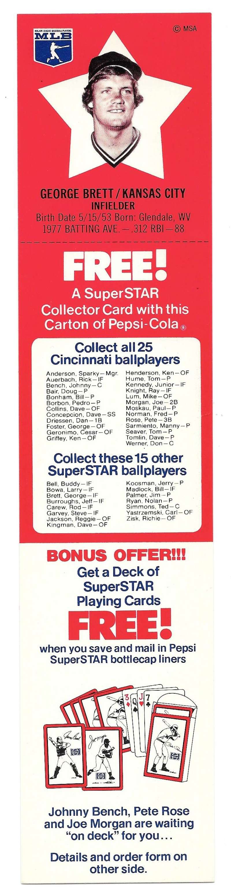 1978 Pepsi-Cola Superstar Tab - KANSAS CITY ROYALS George Brett