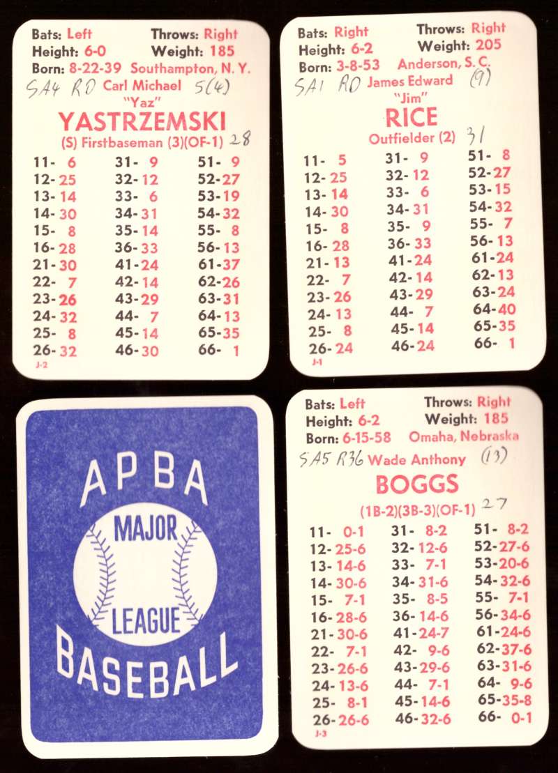 1982 APBA Season w/ Extra Players (Written On) BOSTON RED SOX Team Set