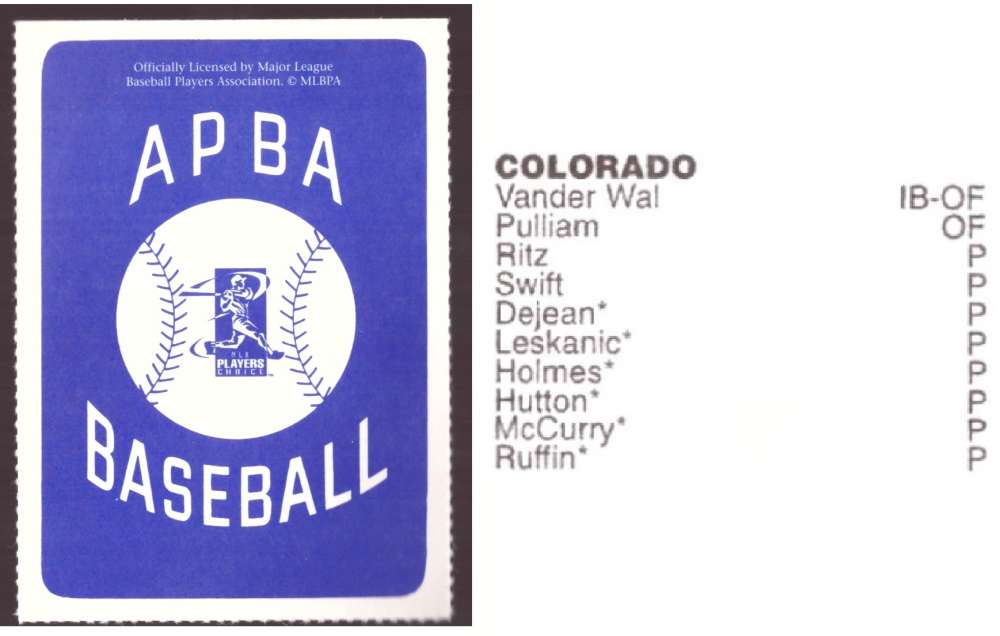 1997 APBA Season XB Player 10 card - COLORADO ROCKIES Team Set